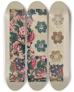 Triptych art skateboard deck of Irene Schaefer Quilted Bedspread_2 by Irene Schaefer