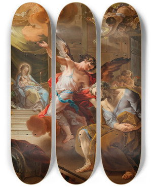 Triptych art skateboard deck of Corrado Giaquinto Josephs Dream by Corrado Giaquinto (1703-1766)