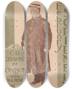 Triptych art skateboard deck of Charles Dana Gibson February Scribners by Charles Dana Gibson (1867-1944)