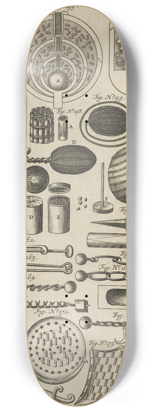 Jacob van Meurs - Plate O: Composite fireball weapons: specialty fireballs: case shot: trundle and chain shot: pyrotechnic shields: fire weapon 8.25 inch art skate deck