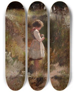 Triptych art skateboard deck of Frank Hector Tompkins Child Picking Flowers by Frank Hector Tompkins (1847-1922)