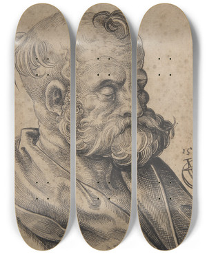Triptych art skateboard deck of Urs Graf Bust Of A Bearded Old Man by Urs Graf (1485-1527)