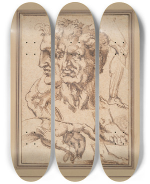 Triptych art skateboard deck of Baccio Bandinelli Sheet Ofstudies by Baccio Bandinelli (1493-1560)