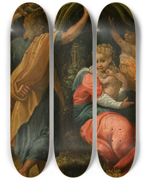 Triptych art skateboard deck of Pomponio Allegri Therest On The Flight Into Egypt by Pomponio Allegri (1521-1593)
