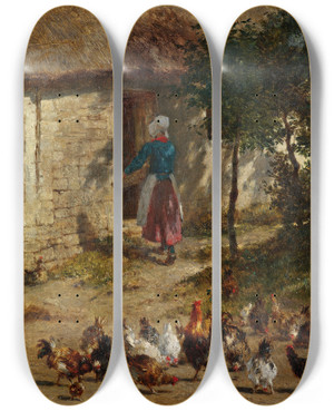 Triptych art skateboard deck of Constant Troyon Hhner Vor Einem Bauernhaus by Constant Troyon (1810-1865)