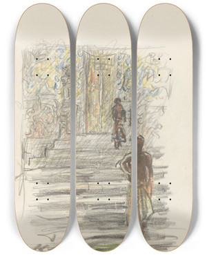 Triptych art skateboard deck of Marius Bauer Figuren Op Een Tempeltrap_1 by Marius Bauer (1867-1932)