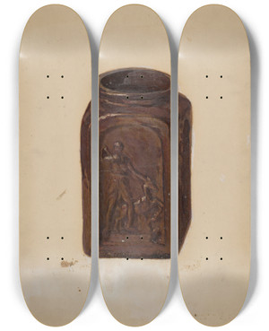 Triptych art skateboard deck of Cw Perky Jar by C.W. Perky