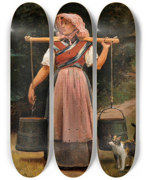 Triptych art skateboard deck of Otto Bache A Milkmaid by Otto Bache (1839-1927)