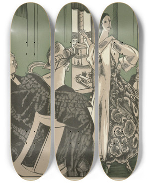Triptych art skateboard deck of Fernand Simon La Parure by Fernand Simeon (1884-1928)