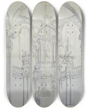 Triptych art skateboard deck of Johann Baptist Zimmermann  Altarentwurf Hinter Sulenbogen Hochaltar In Andechs by Johann Baptist Zimmermann