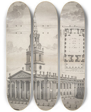Triptych art skateboard deck of Sutton Nicholls St Martins Church by Sutton Nicholls (1700-1740)