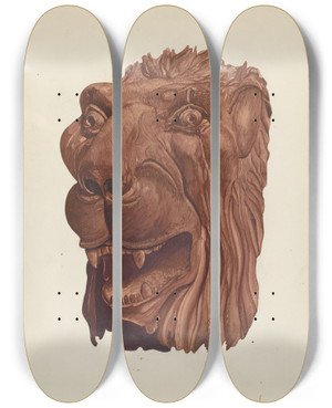 Triptych art skateboard deck of Vera Van Voris Carved Lions Head by Vera Van Voris