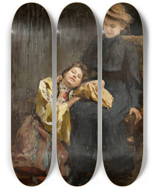 Triptych art skateboard deck of Jan Cigliski Two Sisters by Jan Ciaglinski (1858-1913)