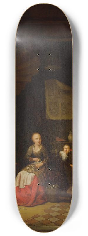 Jacob van Spreeuwen - Interior of a kitchen with a seated woman peeling onions, a child hiding behind her, and a child holding a cabbage on a barrel 8.25 inch art skate deck