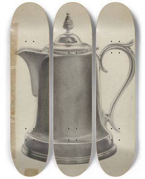 Triptych art skateboard deck of Theodore Pfitzer Pewter Coffee Urn by Theodore Pfitzer