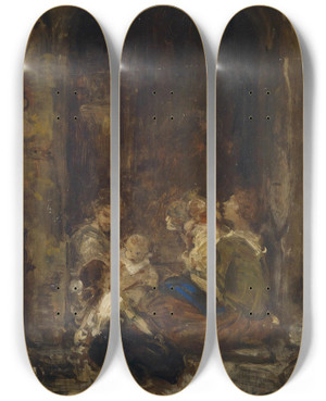 Triptych art skateboard deck of Ludwig Knaus Mutter Mit Kindern Studie by Ludwig Knaus (1829-1921)