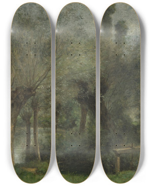 Triptych art skateboard deck of Fernand Pelez Etang De Jouylecomte Prs De Lisleadam by Fernand Pelez (1843-1913)