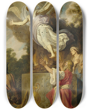Triptych art skateboard deck of Pieter Lastman Sacrifice Of Manoah by Pieter Lastman (1583-1633)