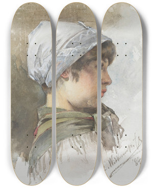 Triptych art skateboard deck of Ernst Witkamp Studie Van Het Hoofd Van Een Jong Meisje En Profil by Ernst Witkamp (1854-1897)