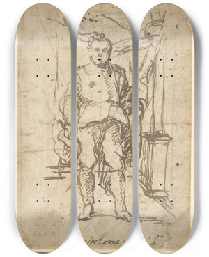 Triptych art skateboard deck of Bartolom Estebn Murillo Standing Male Figure Study For A Portrait by Bartolome Esteban Murillo (1617-1682)