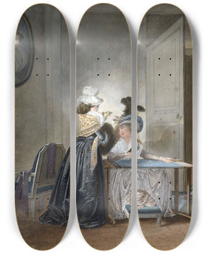 Triptych art skateboard deck of Jeanbaptiste Mallet La Brodeuse by Jean-Baptiste Mallet (1759-1835)