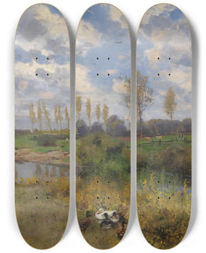 Triptych art skateboard deck of Adolf Lins Enten Am Bach by Adolf Lins (1856-1927)