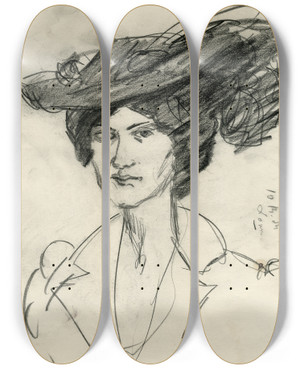 Triptych art skateboard deck of Isaac Israls Jonge Vrouw Met Grote Hoed Berthe by Isaac Israels (1865-1934)