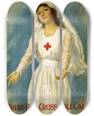 Triptych art skateboard deck of Haskell Coffin Third Red Cross Roll Call by Haskell Coffin (1878-1941)