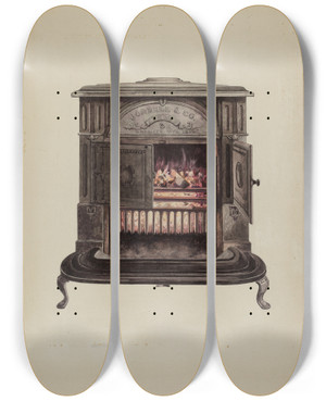 Triptych art skateboard deck of J Howard Iams Franklin Stove by J Howard Iams (20-)