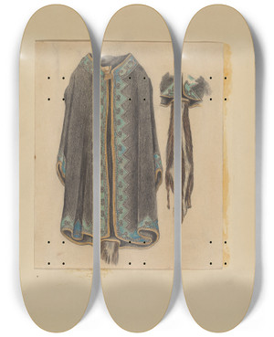 Triptych art skateboard deck of Michael Trekur Black Cotton Coat by Michael Trekur