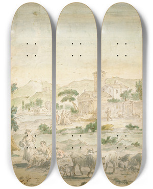 Triptych art skateboard deck of Giuseppe Zais Landscape With Figures_2 by Giuseppe Zais (1709-1781)