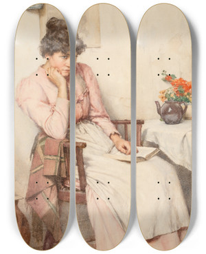 Triptych art skateboard deck of Walter Langley A Thoughtful Interlude by Walter Langley (1852-1922)