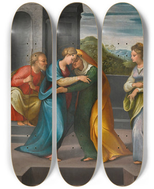 Triptych art skateboard deck of Girolamo Marchesi The Visitation by Girolamo Marchesi (1471-1550)