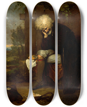 Triptych art skateboard deck of Benjamin West The Pilgrim Mourning His Dead Ass by Benjamin West (1738-1820)