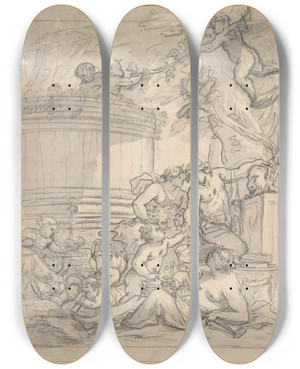 Triptych art skateboard deck of Michel Dorigny Bacchanal by Michel Dorigny (1617-1665)