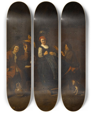 Triptych art skateboard deck of Thomas Wijck Tavern Scene by Thomas Wijck (1616-1677)