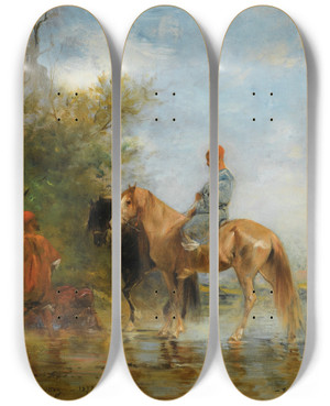 Triptych art skateboard deck of Eugne Fromentin Horsemen By The River by Eugene Fromentin (1820-1876)