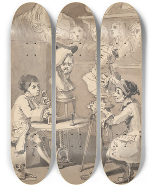 Triptych art skateboard deck of John Thomas Smith Hogarth Sitting To Roubiliac For His Bust by John Thomas Smith (1766-1833)