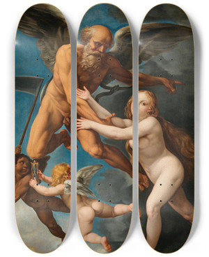 Triptych art skateboard deck of Giuseppe Cesari Time Abducting Truth by Giuseppe Cesari (1568-1640)
