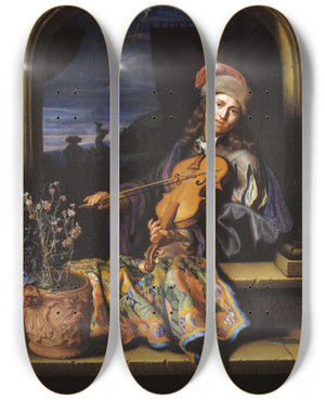 Triptych art skateboard deck of Caspar Netscher A Violin Player by Caspar Netscher (1639-1684)