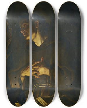 Triptych art skateboard deck of Francesco Trevisani Saint Francis Praying Before A Crucifix By Candlelight by Francesco Trevisani (1656-1746)