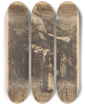 Triptych art skateboard deck of Antoon Derkinderen Tussen De Kramen by Antoon Derkinderen (1859-1925)