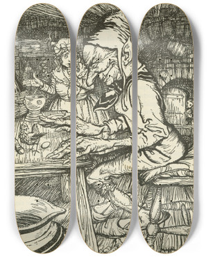 Triptych art skateboard deck of Arthur Rackham Jack Sneaks Into The Giants House by Arthur Rackham (1867-1939)