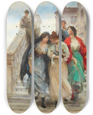 Triptych art skateboard deck of Eugen Von Blaas Secrets_2 by Eugen Von Blaas (1843-1931)