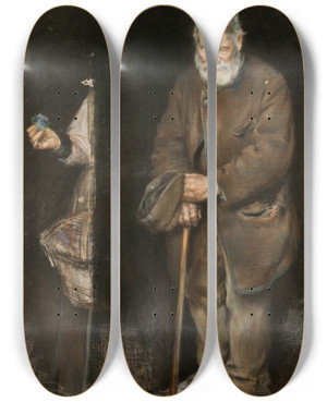 Triptych art skateboard deck of Alf Wallander The Old Beggar by Alf Wallander (1862-1914)