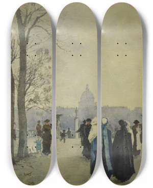 Triptych art skateboard deck of Aleksander Gierymski Stroll In The Park by Aleksander Gierymski (1850-1901)