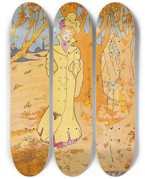 Triptych art skateboard deck of Penrhyn Stanlaws Autumn by Penrhyn Stanlaws (1877-1957)