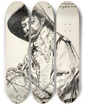 Triptych art skateboard deck of Ferdinand Roybet The Drummer by Ferdinand Roybet (1840-1920)