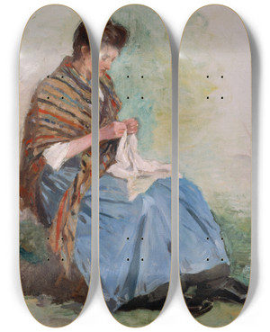 Triptych art skateboard deck of Asai Ch Woman Sewing by Asai Ch (1856-1907)