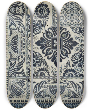 Triptych art skateboard deck of William Mcauley Handwoven Coverlet by William Mcauley